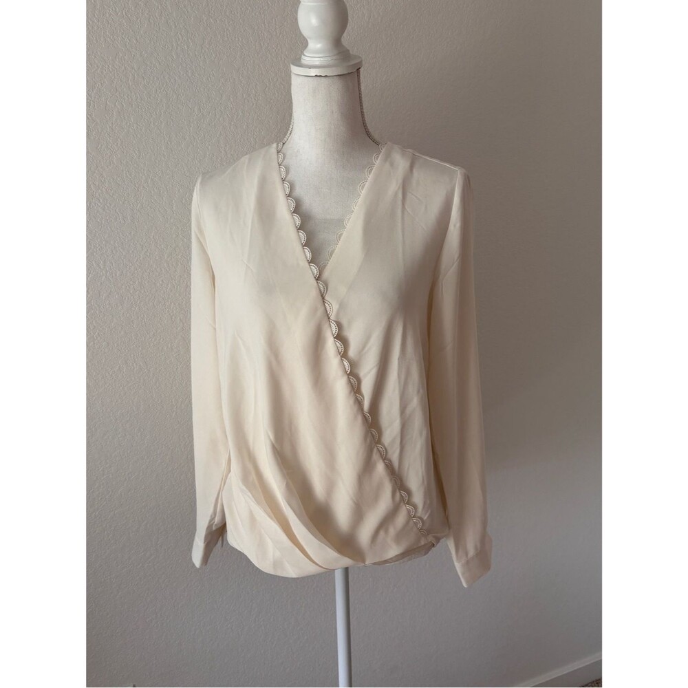 NWT Ann Taylor Cream Wrap-Front Blouse with Scalloped Trim